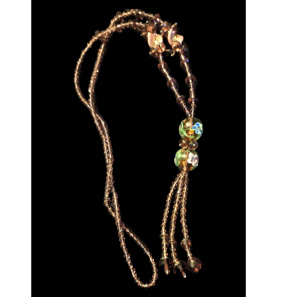 Handmade Lampwork Floral Glass Lariat Necklace Mauve Crystal Tassel Boho 20in